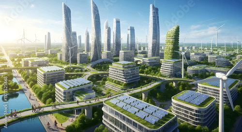 Modern eco city with wind turbines and solar panels sustainable future