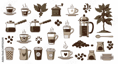 Brown coffee beans and cups.