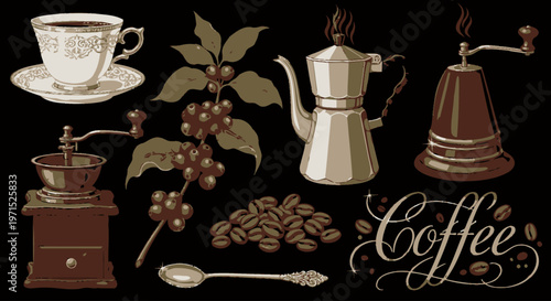 Coffee beans and coffee maker equipment.