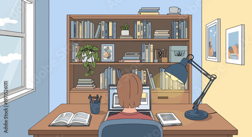 Student studying at desk with laptop in home library workspace illustration