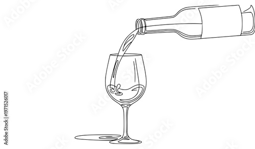 “Editable minimalist line art vector of wine pouring into a glass for elegant bar, menu, and beverage illustration design”