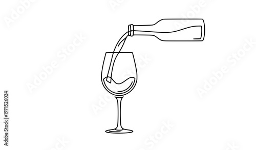 “Linear minimalist vector of wine pouring into a glass in simple elegant line art for beverage, bar, and wine illustration”
