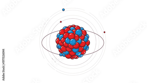 Illustration of an atomic structure model with red and blue spheres representing protons and neutrons, surrounded by orbiting electrons on a white background.