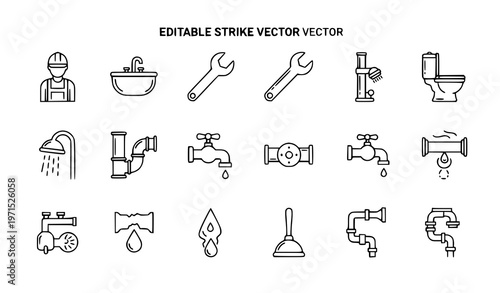 “Editable plumber and bathroom repair icon set with wrench, sink, tap, shower, and trap in minimal line art vector style”