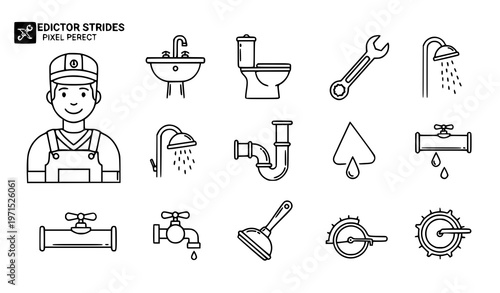 “Plumber icon set with worker, sink, toilet, wrench, shower, pipe, tap, plunger, and trap tools in minimal line art vector style”