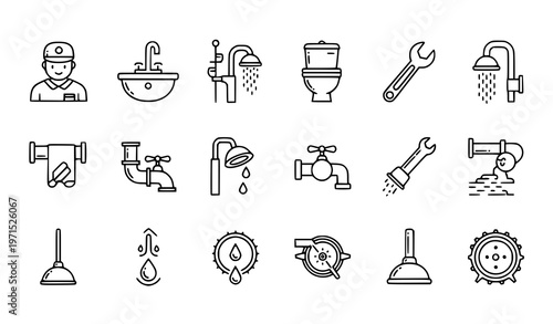 “Linear plumber icon set with worker, sink, toilet, wrench, shower, tap, plunger, and trap for maintenance and repair vector design”