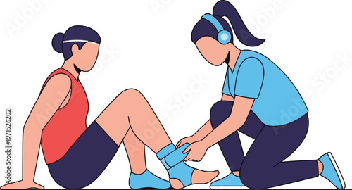 Athlete receiving assistance with shoe laces from a trainer vector illustration