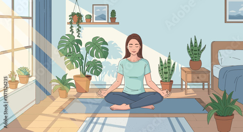 Woman meditating in bedroom mindfulness calm lifestyle illustration