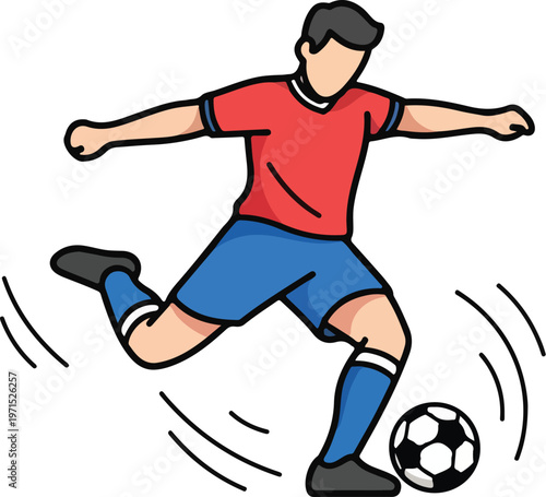 Dynamic soccer player executing a powerful kick on the ball vector illustration