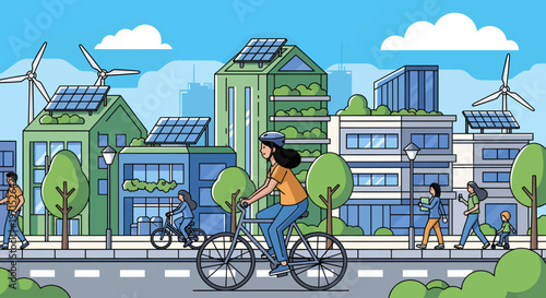 Woman riding bicycle in eco city sustainable urban lifestyle