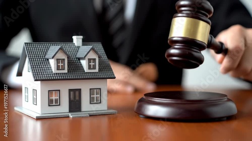 Miniature house with gavel signifies home auction or legal action