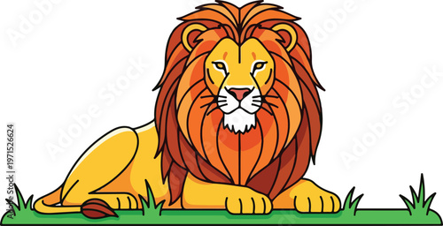 A majestic lion resting peacefully in a grassy field under the open sky vector illustration
