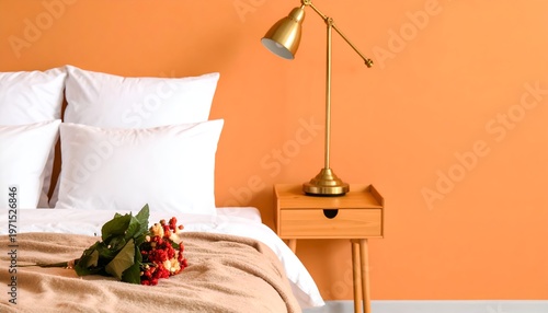 Modern Bedroom Corner With Lamp and Bold Orange Accent Wall