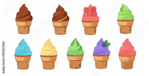Colorful ice cream cones set with soft serve swirls flat vector illustration