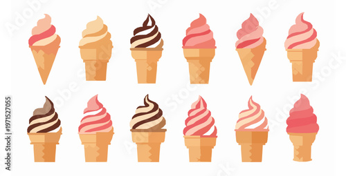 Assorted colorful soft serve ice cream cones flat vector illustration set