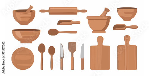 Wooden bowls, utensils, and cutting boards flat vector illustration isolated set