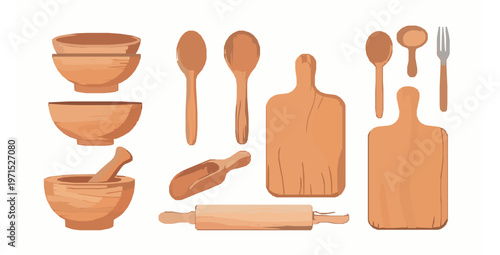 Flat vector illustration of wooden kitchen utensils and cutting boards isolated