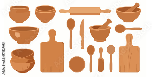 Wooden kitchen utensils and dishes set flat vector illustration isolated on white