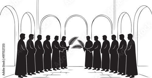 Group of men in robes holding palm branches in arched hallway