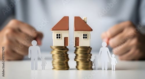 Professional depiction of divorce proceedings showing a split house, family units, and financial assets. Ideal for legal, family law, and mediation services illustrating property division
