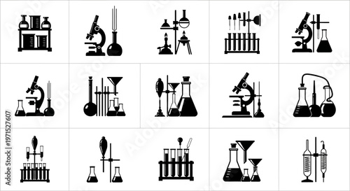 Collection of black laboratory equipment icons including microscopes beakers test tubes and flasks on white background for science and research themes