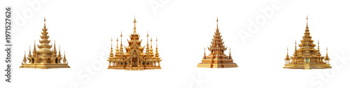 Four golden buddhist stupas as PNG asset isolated on transparent background