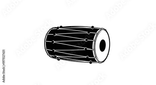 Black and white illustration of a traditional indian drum with rope and wooden details on a plain background