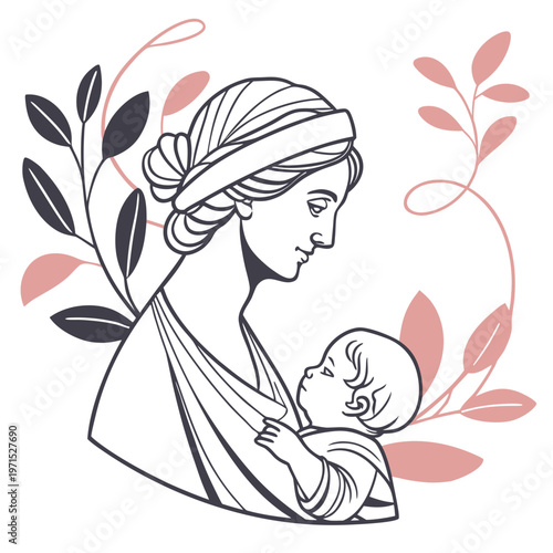 Mother and baby, nursing illustration, floral vector, line art, pink black leaves