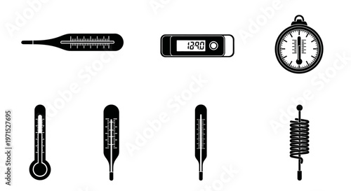 Various thermometers and clock for temperature measurement and time medical and industrial tools