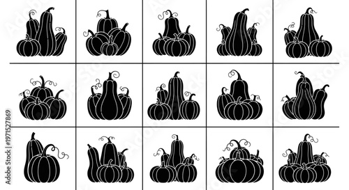 Black pumpkin and gourd illustrations in grid pattern on white background for halloween or fall themed designs