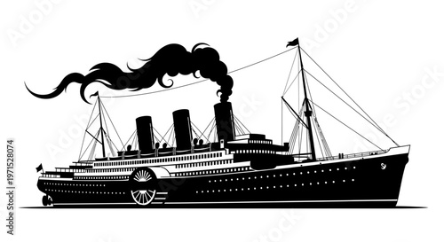 Vintage ocean liner ship with smoke billowing from three smokestacks