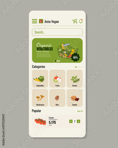 Modern grocery delivery home screen with search, categories and product list. Clean vegan food app interface for ecommerce, organic store and mobile shopping experience design.