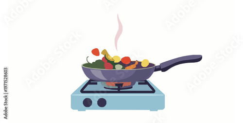 Cooking chopped vegetables in frying pan on gas stove flat vector illustration