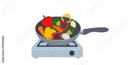 Cooking vegetables in frying pan on gas stove flat vector illustration isolated
