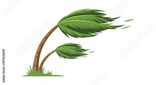An illustration of two palm trees swaying in the wind on a white background