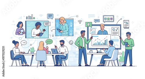 Business people working together in office with laptops and graphs on screen