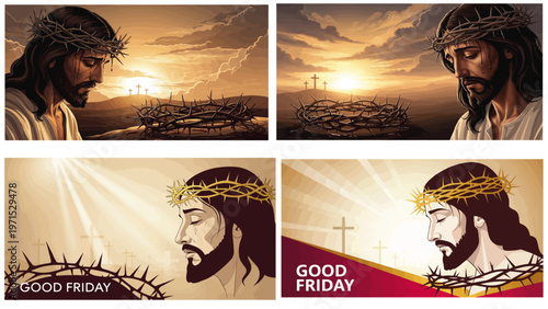 Religious vector illustration of Jesus Christ on Good Friday showing biblical sacrifice faith catholic devotion cross scene with spiritual symbolism and hope.