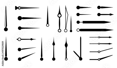 Minimalist black clock hands and watch pointers vector set