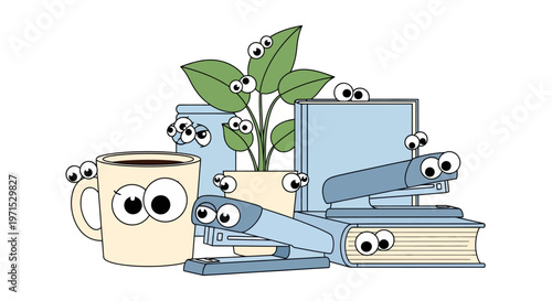 Cartoon eyes on office supplies.