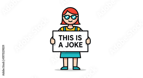 Woman holding joke sign board.