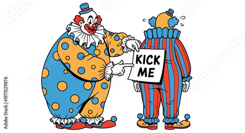 Two clowns in colorful costumes.