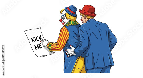 Man and clown in funny situation.