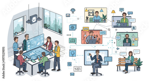 Business people working remotely and in office collaborating on projects