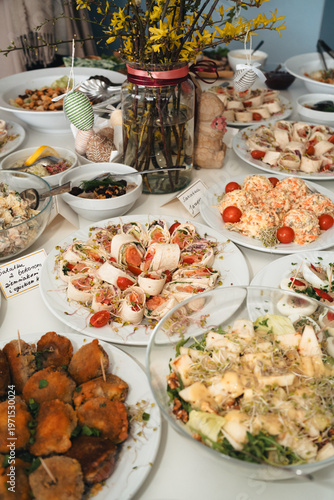 Easter feast, spring break, table full of food, table set up in Poland during Easter Breakfast