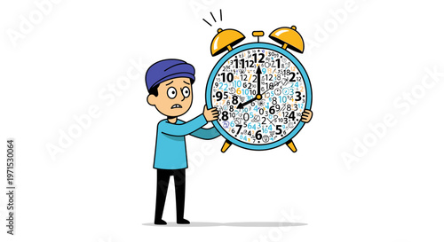 Man holding large colorful alarm clock.