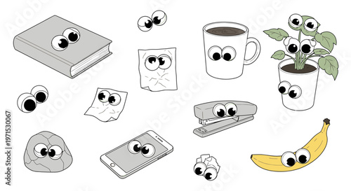 Cartoon eyes on everyday objects.