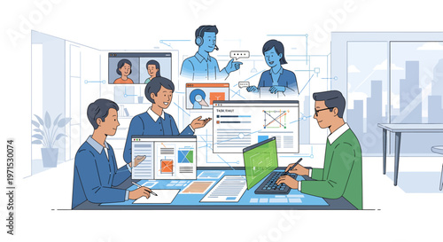 Business team meeting with virtual colleagues online collaboration