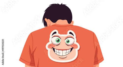Man wearing cartoon face tshirt back.