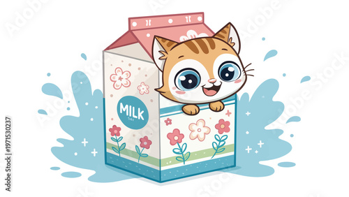 Cute kitten peeking out of a colorful milk carton with floral design and pink lid on white background