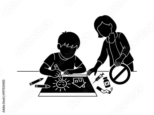 Child And Parent Viewing Anti Drug Poster Silhouette